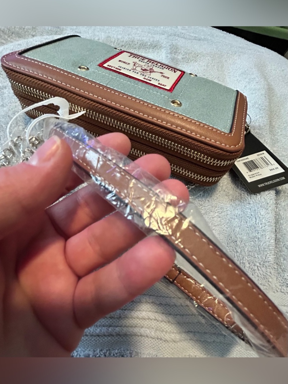 TRUE RELIGION DENIM CROSSBODY/WRISTLET/WALLET, LEATHER TRIM, NEW W/ TAGS! - Picture 14 of 14